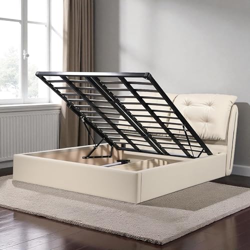 Image of The Attic Luna Queen Size Hydraulic Storage Bed with Tufted Cushion Headboard Cream Beige