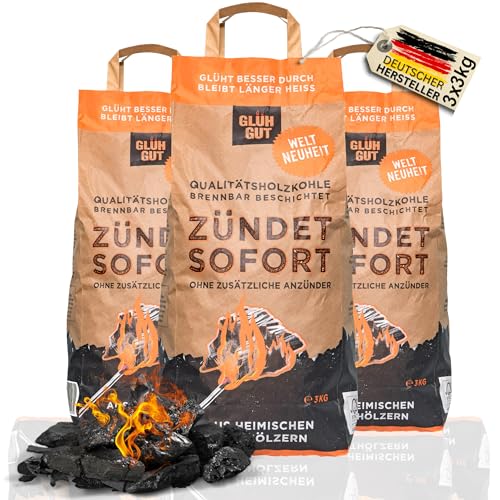 Premium Grill Holzkohle - inkl. biobasierter Anzündbeschichtung - aus Eiche & Buche - Glühgut Grillkohle für Kohle Grills | 9kg - 3x3kg