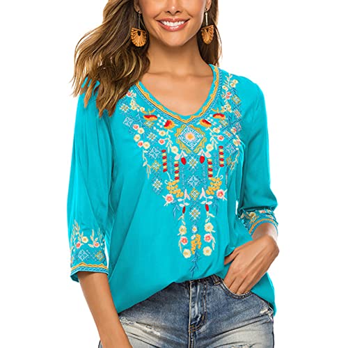 LauraKlein Women's Boho Embroidered Peasant Tops 3/4 Sleeve V Neck Mexican Bohemian Shirts Tunics Blouses