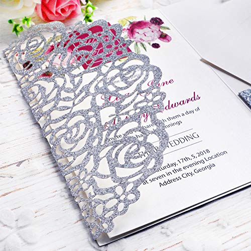 Ponatia 20 Pcs 3 Folds 5X7'' Wedding Invitations Cards With Envelopes Ribbons For Wedding Bridal Shower Engagement Birthday Graduation Invite (Silver Glitter) #TOP5