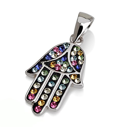 Pendentif Hamsa argent sterling 925 véritable avec cristaux colorés pour femme