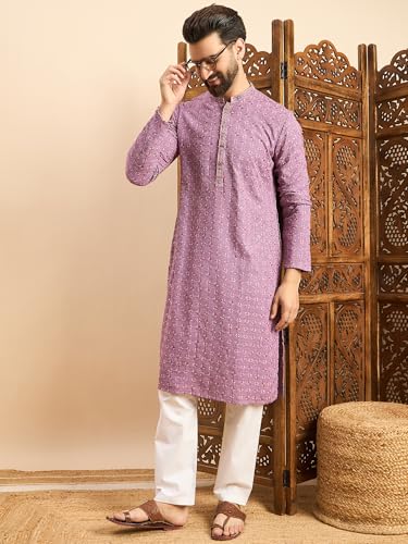 Image of Amazon Brand - Tavasya Men Rayon Geometric Embroidered Mandarin Collar Straight Kurta