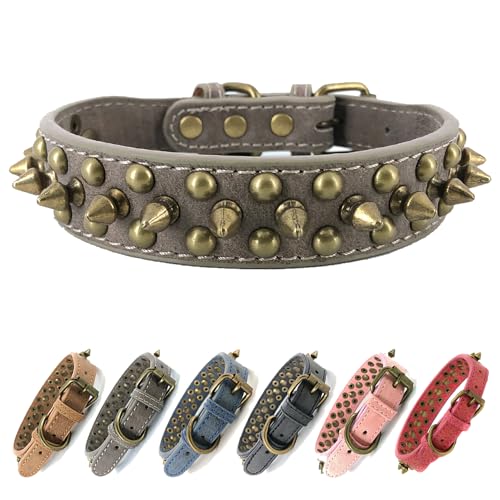 Spiked-Studded-Dog-Collar-Bronze-Round-Stud-Anti-Bite-Collar-GreyXS