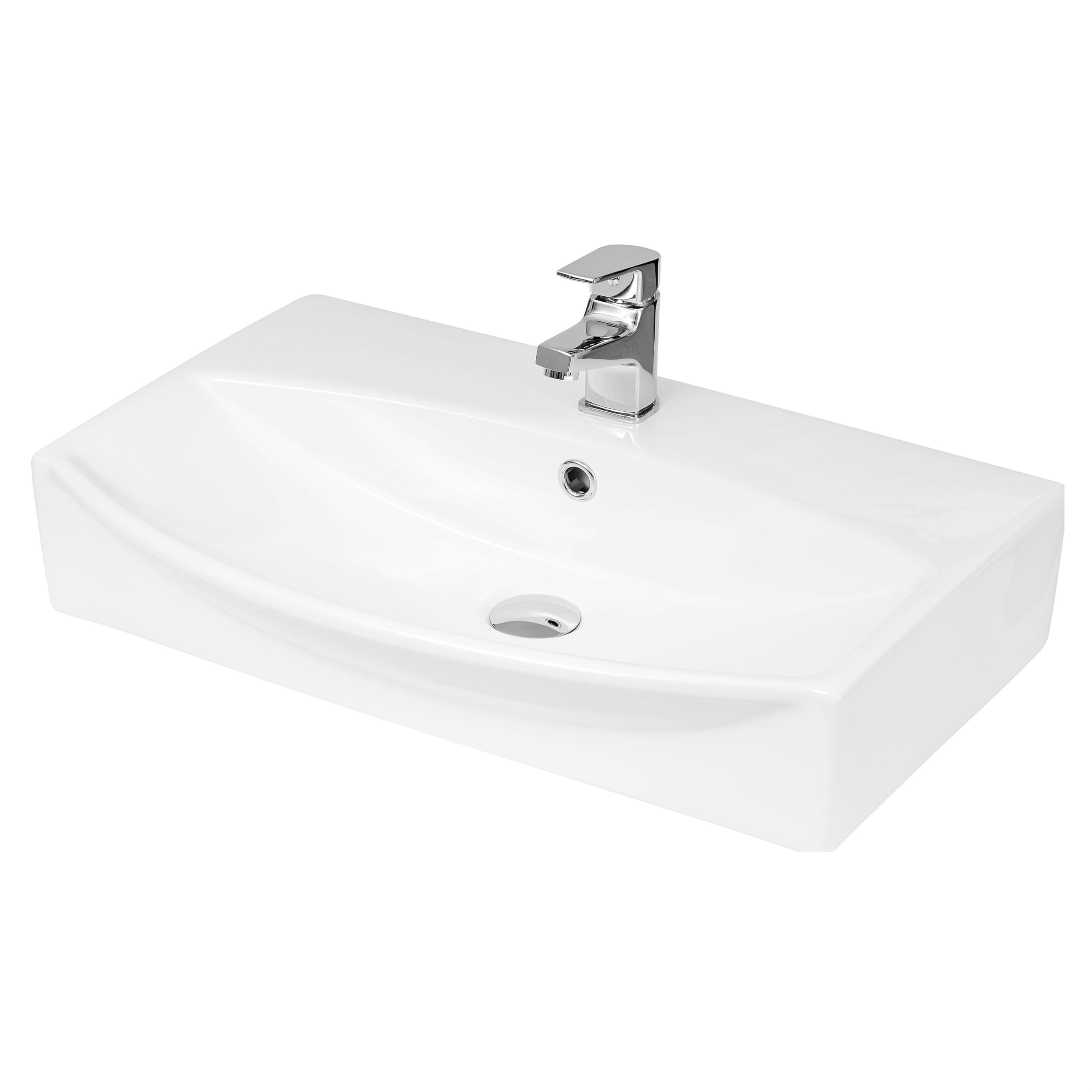 Balterley White 600Mm Bathroom Sink, Wall Hung Ceramic Round Bowl Bathroom Wash Basin Sink With Overflow, 1 Tap Hole, Wall Mounted Basin Sinks For Bathrooms And Cloakroom - 600 X 400 X 150Mm (White)