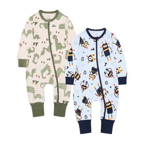 Image of Feidoog Baby 2 Pack Cartoon Romper Long Sleeve 2 Way Zipper One Piece Jumpsuits Clothes Sets,Blue+Green,6-12M