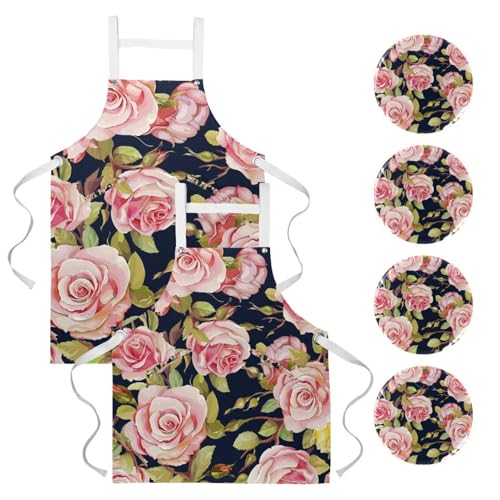Lot de 2 tabliers multicolores à motif roses vintage avec 4 broches