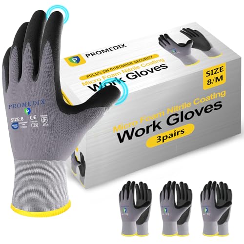 PROMEDIX P 3 Pairs Work Gloves with Grip for Cleaning Garden Mechanic Fishing Working Nitrile Coated for Men Gardening M-3