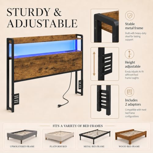 Image of Full Size Headboard with Storage Shelf, Charging Station, Adjustable Height | Particle Board & Metal Frame, for Bedrooms, 55 In Storage Shelf, 2 Outlets & 2 USB Ports, Adjustable Height, Rustic Brown
