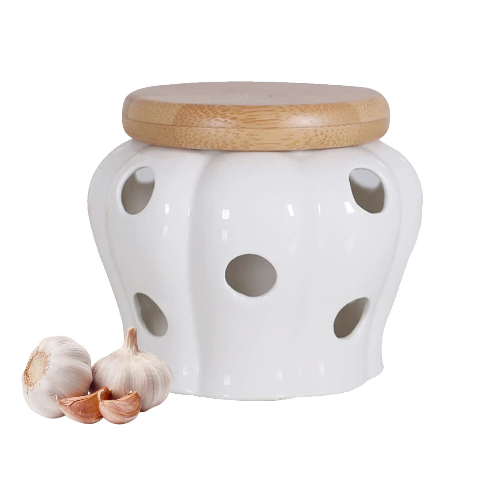CYWDTYRDXZ Ceramic Garlic Keeper with Natural Wood-Lid, Breathable Garlic Storage Container for Kitchen Countertops, Preserves Freshness with Ventilation Holes, Keep Your Garlic Cloves Fresh, White