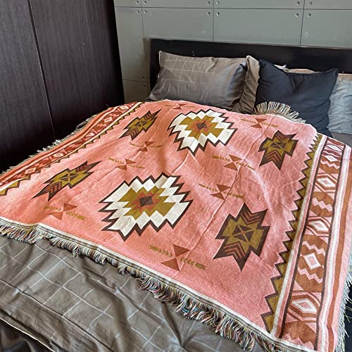 CCHYF Couverture indienne aztèque sud-ouest bohème réversible tissée avec pompons pour extérieur, pique-nique, camping, plage, tapisserie mexicaine pour...