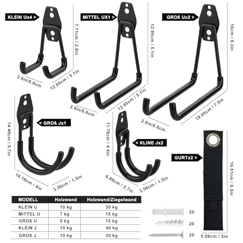 Kitmiido 12er Set Wandhaken für Garage | Schwerlast Doppelhaken | Platzsparende Aufbewahrung für Werkzeuge, Fahrräder, Sportausrüstung (Schwarz)