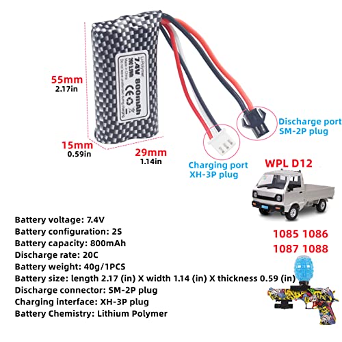 Fytoo 2Pcs 7.4V 800Mah With Sm Plug Lithium Battery With 2 In 1 Charger For Syma Q12 Wpl D12 Rc Truck Parts Anstoy 1085 1086 1087 1088 Gel Ball Blasting Machine Lithium Battery #TOP1