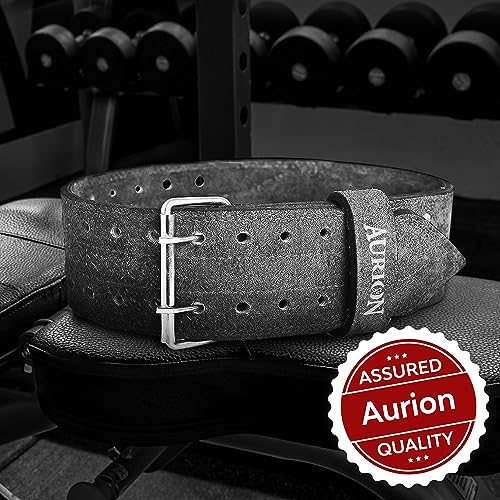 Image of Aurion Pro Dead Lift Genuine Leather Weight Lifting Lever Belt (Large, Grey, Pack of 1) & Aurion Premium Pro Genuine Leather Weightlifting Belt - (Large Size, Coffee Color, 1pc)