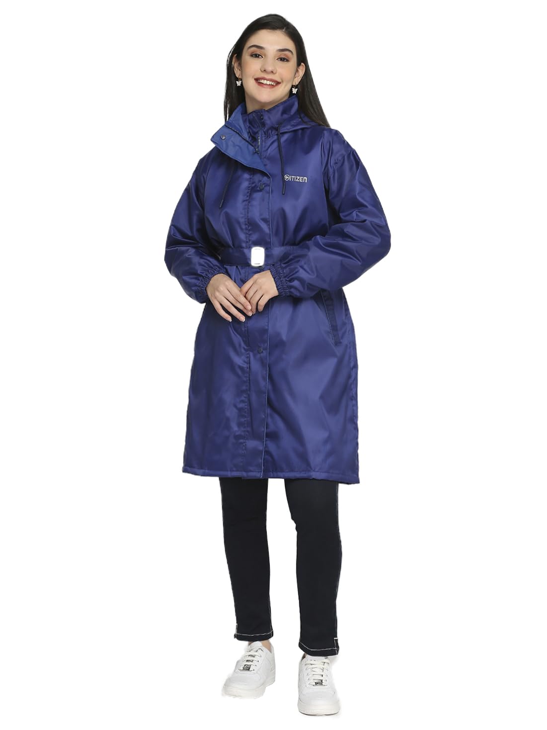 Reversible Raincoat for Women with Inbuilt Hood, Waist Belt & Matching Carry Pouch | High Neck Design | Durable & Lightweight Rainsuit | Knee Length