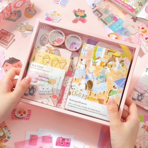 Image of VIBE VISTA Vintage Aesthetic Scrapbook Kit, 346 Pcs, A6 Grid Notebook, Washi, Envelopes, Scrapbook Papers, Folding Labels, Background Papers, Photo Frames, Calendar Stickers, Stickers (chill Moment)