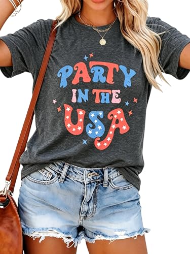 Party in the USA T-Shirt Women 4th of July Independence Day Shirts Funny Patriontic Graphic Short Sleeve Tee Tops Grey