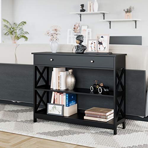 Kealive Console Table with 1 Drawer, Tall Entryway Table with 3-Tier Storage Shelves, Narrow Sofa Entry Table for Hallway Living Room, Sturdy Wood X Frame, 39.4 x 11.8 x 31.5 inches, Modern Black