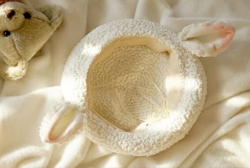 Lolita Kawaii Lambwool Beret Sheep Hat Pink Ear Cute Animal Cap Vintage Artist Painter Winter Warm Women Girls Gift (White-Pink Ear) #TOP6
