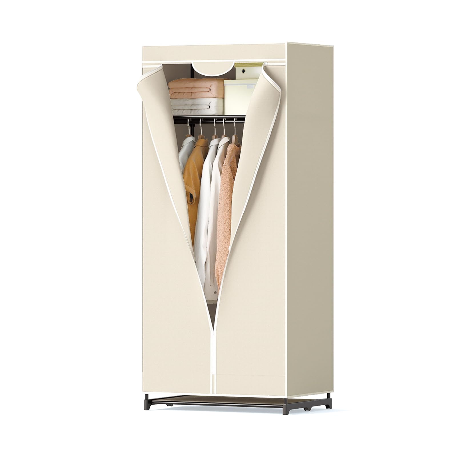 GOPLUS Armoire-penderie Multifonctionnelle, Armoire de Rangement avec Housse Amovible et Barres Transversales Renforcées, Étagères et Tige de Suspension Équipées, Charge Max 30KG (Modèle B,Beige)