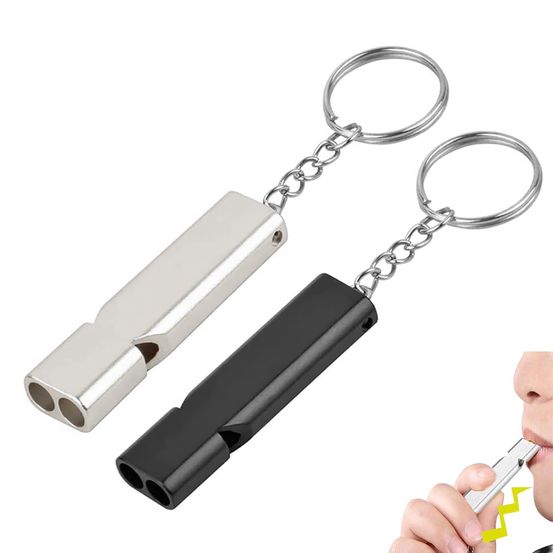2 Silbatos de Emergencia de Doble Tubo, 120dB Silbato de Supervivencia de Alta Frecuencia con Llavero para Senderismo, Camping, Deportes y Seguridad (Plateado y Negro)