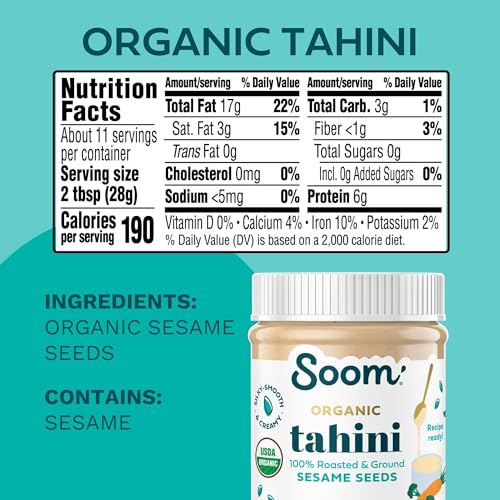 Soom Foods Organic Tahini 16oz (1 Pack) | Roasted & Ground Sesame Seed Paste | Creamy Texture for Hummus, Sauces, Dips, Salad Dressings | Vegan, Nut-Free, Gluten-Free, Kosher, Keto, Paleo, Whole30