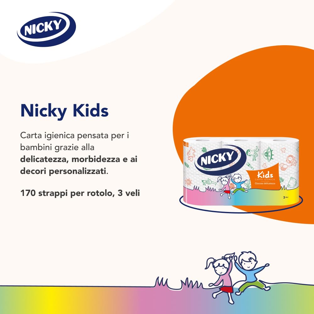 Nicky Kids – 42 Rotoli di Carta Igienica per Bambini, 170 Soffici Fogli a 3 Veli, Quattro Simpatiche e Colorate Trame, Ogni Rotolo Racconta una Storia, Carta 100% Certificata FSC