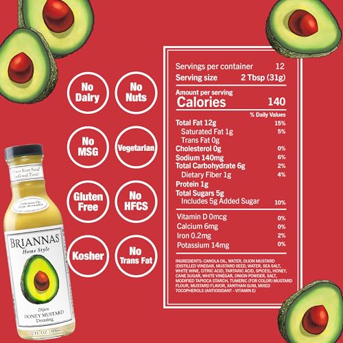 BRIANNAS - Home Style Dijon Honey Mustard Dressing - Fine Salad Dressing made with Premium Ingredients - Gluten Free & Kosher Dressing - 12 oz. Bottles - 6 Pack