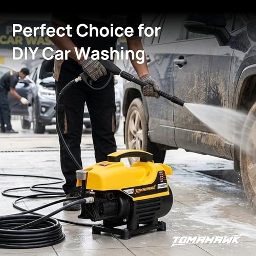 Image of Tomahawk T-1200 Induction Motor Pressure Washer - 120 Bar High Pressure, 1300W Deep Cleaning Power | 1-Line Compact Washer with 8m Hose, Pressure Gauge & Foam Bottle for Car, Bike & Home