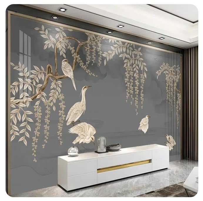 Papier peint 3D fleurs et oiseaux pour décorer le mur du canapé