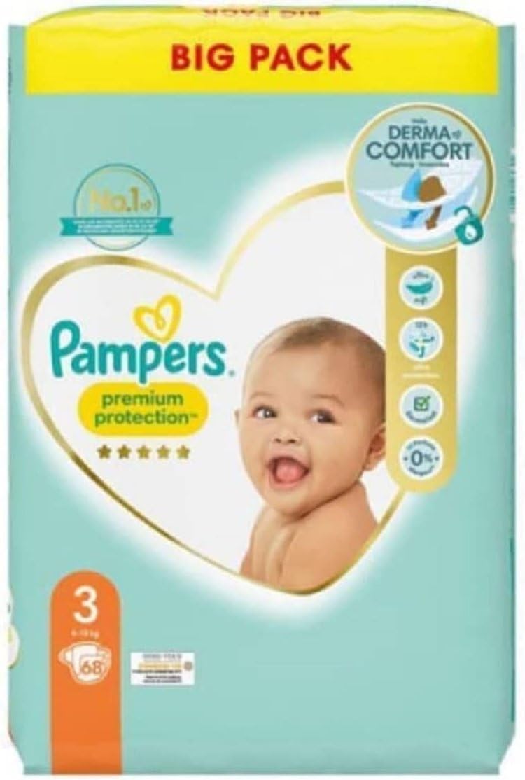 Baby Nappies Size 3 (6-10 kg) Premium Protection, Midi, Big Pack, Best Comfort and Protection for Sensitive Skin, Pack of 68