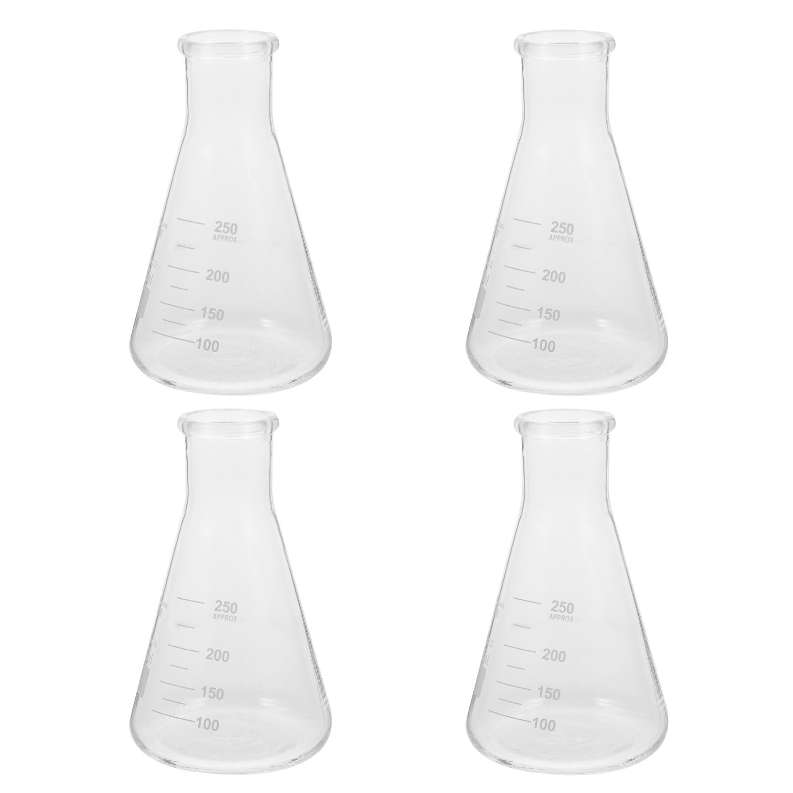 Juego de 4 Matraces de Erlenmeyer de Vidrio Borosilicato 250ml - Matraces Cónicos de Laboratorio con Graduaciones Claras(14X8.5CM)