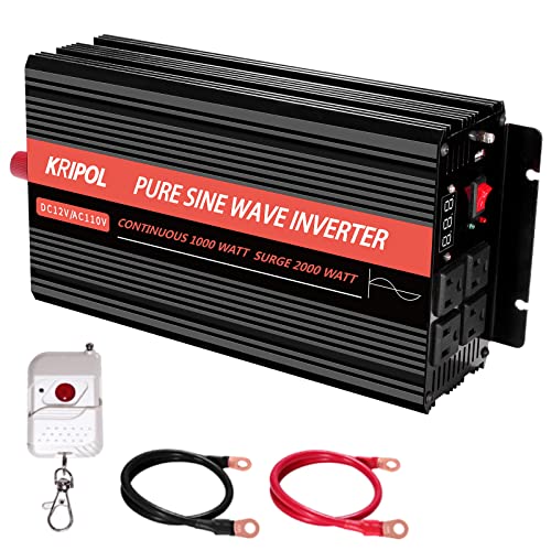 KRIPOL 1000 Watt Pure Sine Wave Power Inverter 12v DC to 110/120v AC, Battery Converter Inverter 4 AC&1 USB Output, Wireless Remote Control(50M), Car Power Adapter for Home/Outdoor/RV