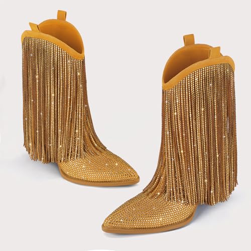 Image of Cowboy Boots for Women - Cowgirl Western Rhinestone Sparkly Fringe Chunky Heel Pointed Toe Mid Calf Boots