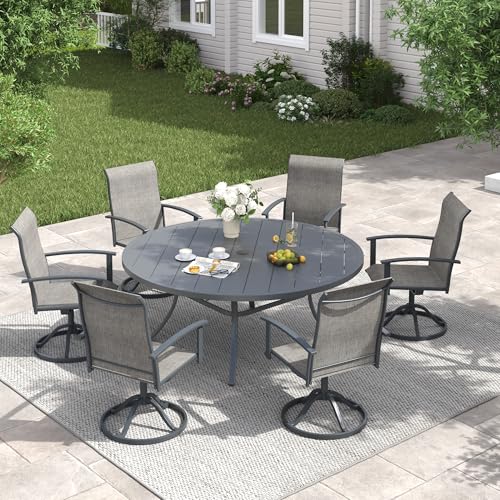 Image of VICLLAX 63 inch Outdoor Round Patio Table with Umbrella Hole, All Weather Metal Round Outdoor Dining Table for Lawn Garden, 8-10 Person Table, Grey