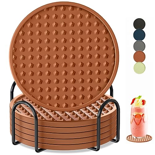 KEHOUXRE Coasters for Drinks 6 Pack Drinking Plastic Coaster with Holder,Heat Resistant Silicone Cup Mat Tabletop Protection,Non-Slip Rubber Coasters for Kinds of Cups (Brown)
