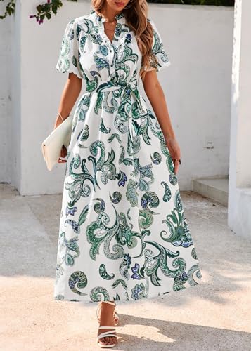 Image of KIRUNDO Women Spring Summer Wedding Guest Boho Floral Maxi Dress Puff Sleeve Button Shirt V Neck Flowy Beach Vacation Dress
