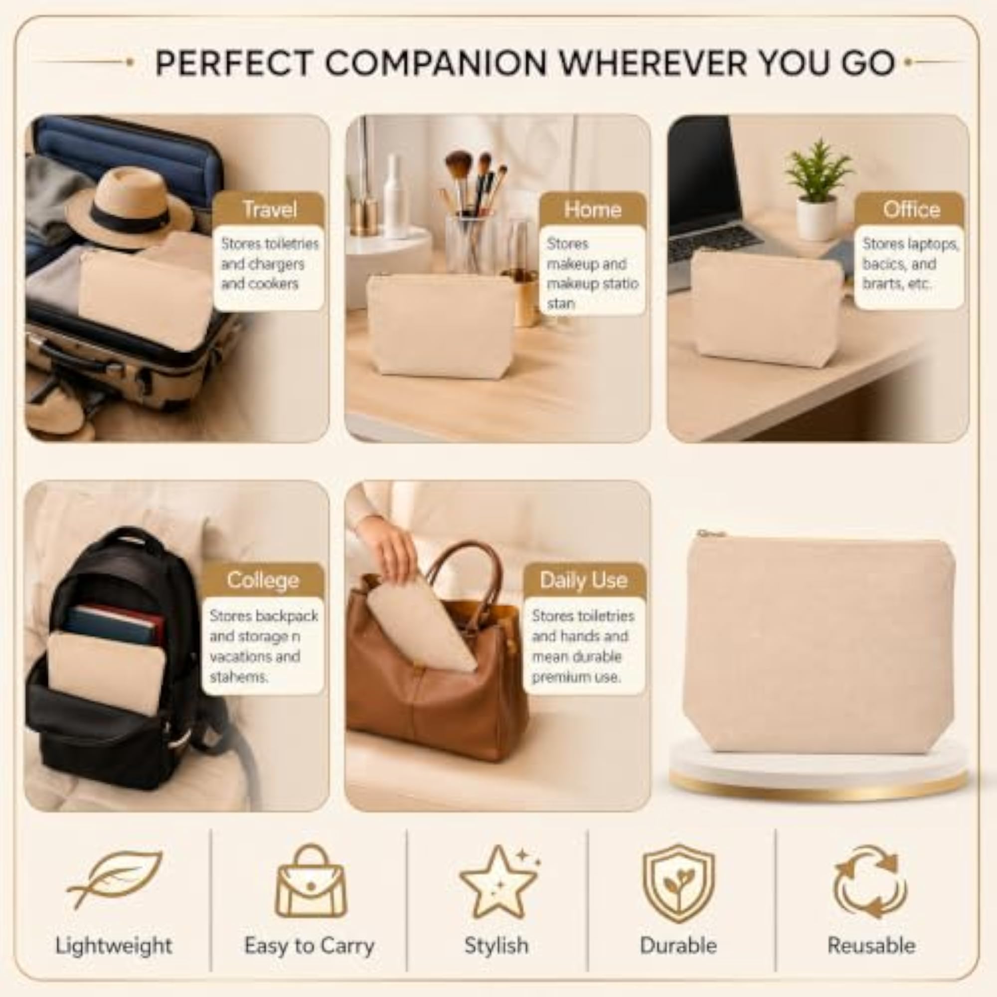 Plain Cotton Canvas Gusseted Zipper Pouch, Eco-Friendly Travel Organizer