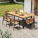 Devoko HDPS Salon de Jardin Exterieur 7 Pièces, Résistance aux Intempéries Ensemble 189 cm Table et 6 Chaise de Jardin Exterieur Aluminium, Finition Grain de Bois et Facile d'entretien(Naturel)