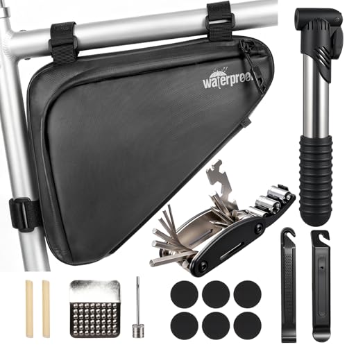 NDakter Fahrrad Reparaturset mit Fahrradtasche Rahmen: Fahrradwerkzeug Set für Unterwegs mit 16-in-1 Fahrrad Multitools Fahrradpumpe Reifenheber Leimfreie Reifen Werkzeug Set für Rennrad MTB