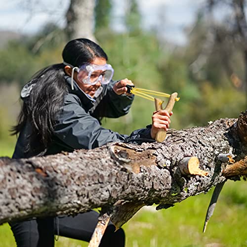 Relaxdays Profi Steinschleuder, Slingshot mit 6 Schleudergummis, Jagdschleuder 2er Set, Katapultschleuder aus Holz, gelb