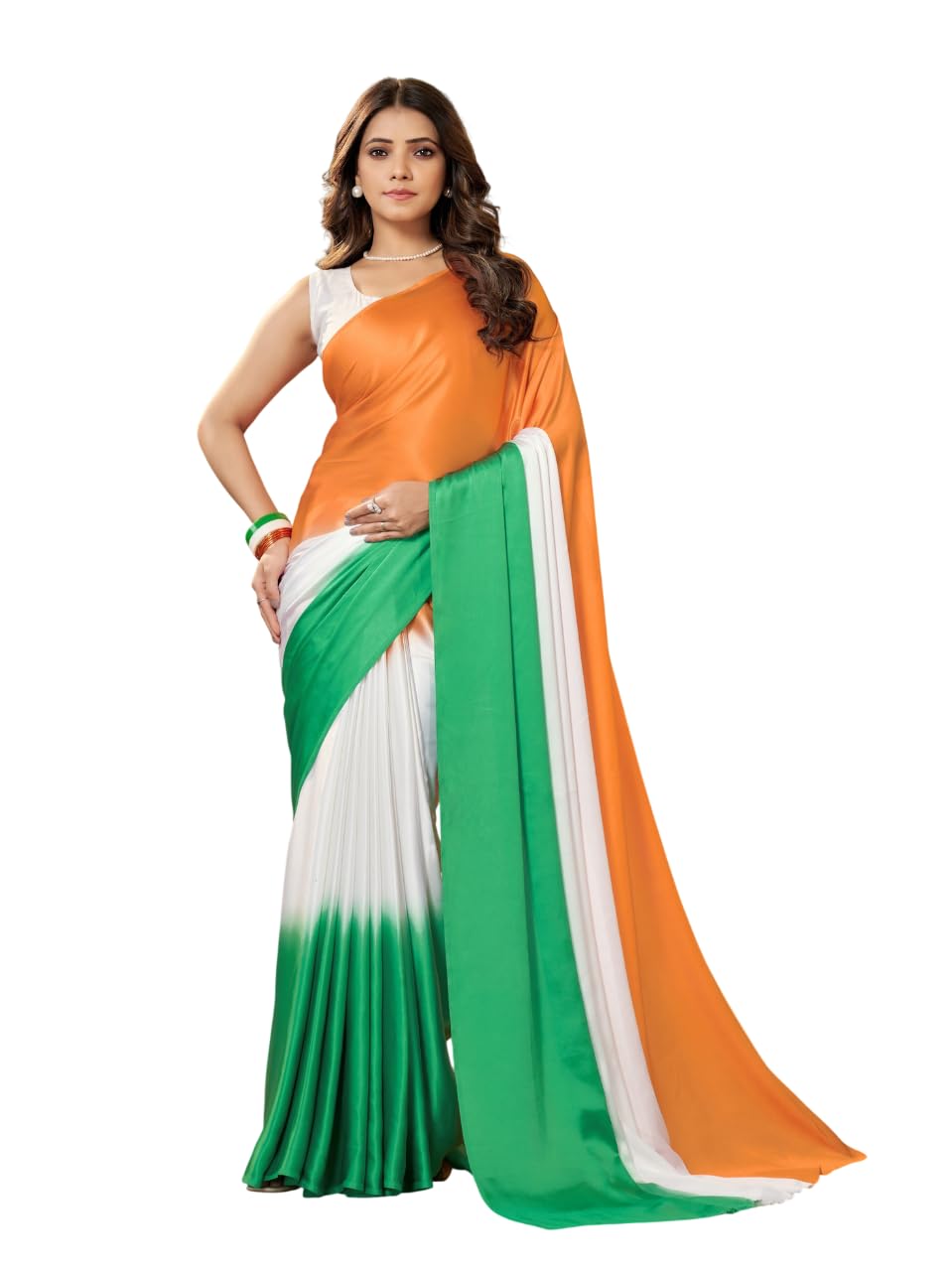 Original Crepe Silk Digital Print Tricolour Saree with Silk Blouse Piece, Orange White Green-image-48