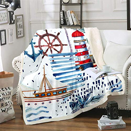 Loussiesd Nautical Decor Fleece Blanket for Chair Sofa Couch Sailboat Anchor Rudder Sherpa Blanket Ocean Themed Fuzzy Blanket Palm Leaf Plush Throw Blanket Sea Adventure Double 60"x79"