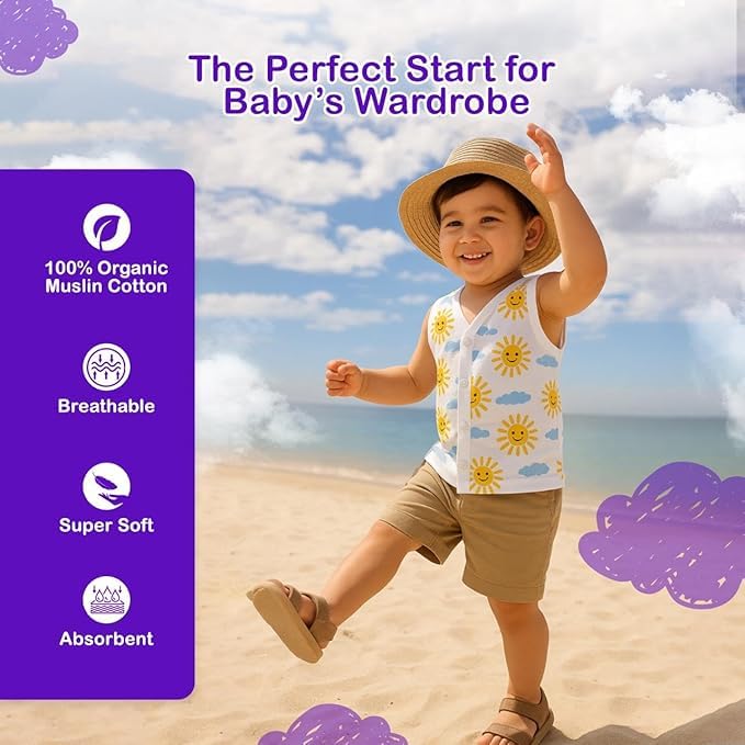 Image of Kidbea Newborn Baby Jhabla Unisex - Organic Cotton Muslin Shirt | Soft & Breathable Summer Wear for Boys & Girls | Cute Prints Infant Clothing