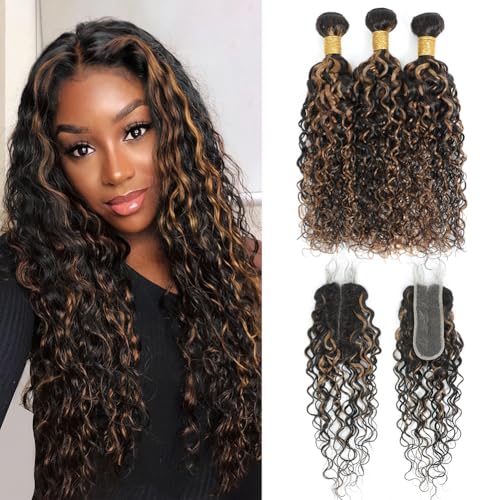 Water Curly 1b/30 Human Hair Bundles with 2x6 Closure 14