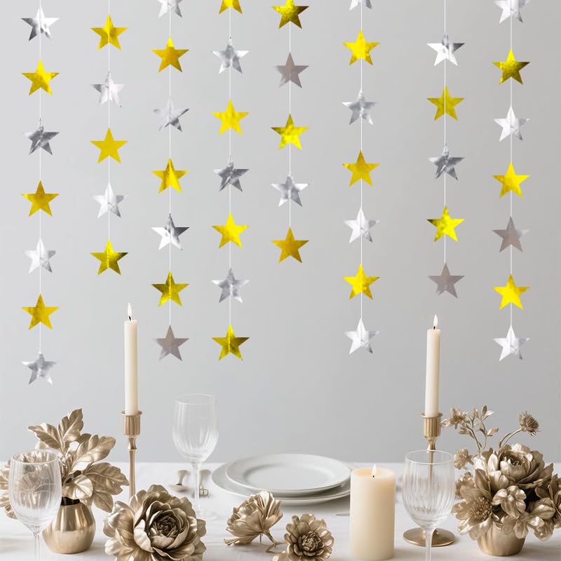 Image of Gold Silver Shining Star Hanging Garland Gold and Silver Hanging Sparkling Star Streamer Glitter Bunting Banner Twinkle Backdrop for Wedding Baby Shower Birthday Christmas Decorations 40 Feet