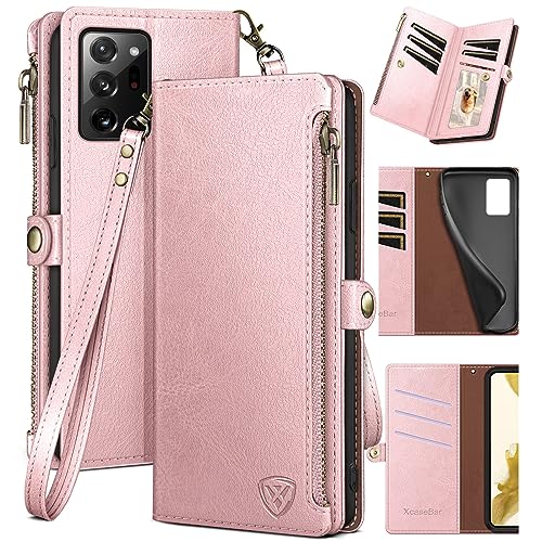 XcaseBar for Samsung Galaxy Note 20 Ultra Wallet case with Zipper Credit Card Holder?RFID Blocking?, Flip Folio Book PU Leather Phone case Shockproof Cover Women for Samsung Note20Ultra case Rose Gold