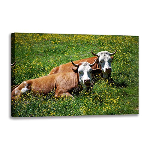 Tableau sur toile vache et fleurs 70x100 pour salon style campagne chic
