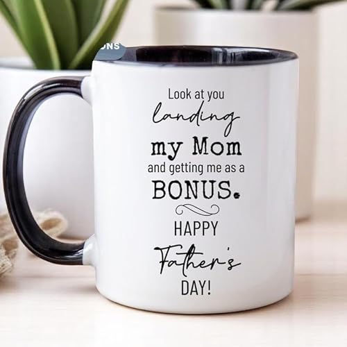 QSIPVANG Funny Stepdad Mug – Landed My Mom and Got Me As a Bonus – Father’s Day Gift for Bonus Dad – Black Accent Ceramic Coffee Cup – 11oz or 15oz
