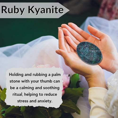 Image of Amazing Gemstone Ruby in Kyanite Palm Stone - Massage Worry Stone for Natural Body Chakra Balancing, Reiki Healing and Crystal Grid