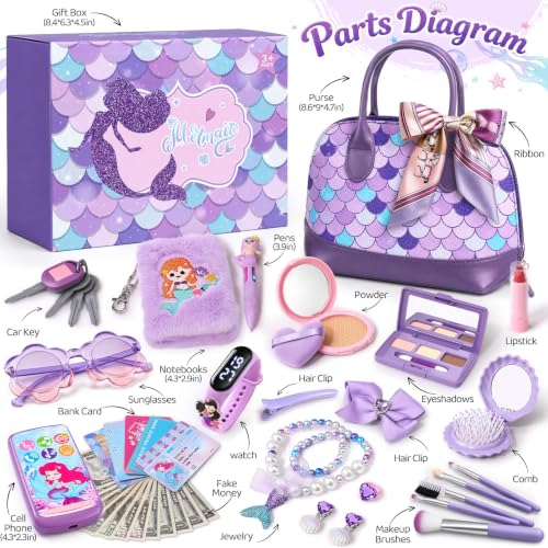 TUZT Mermaid Play Purse for Little Girls, 29PCS Toddler Purse Set with Handbag Fake Makeup Watch Toy Phone, Pretend Princess Play Toy Birthday Party Dress Up Role Play Gift for Kids Age 3-8 by TUZT - Used condition - Image 2